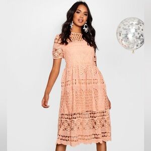 Boohoo Peach Crochet Midi Dress - Size 10